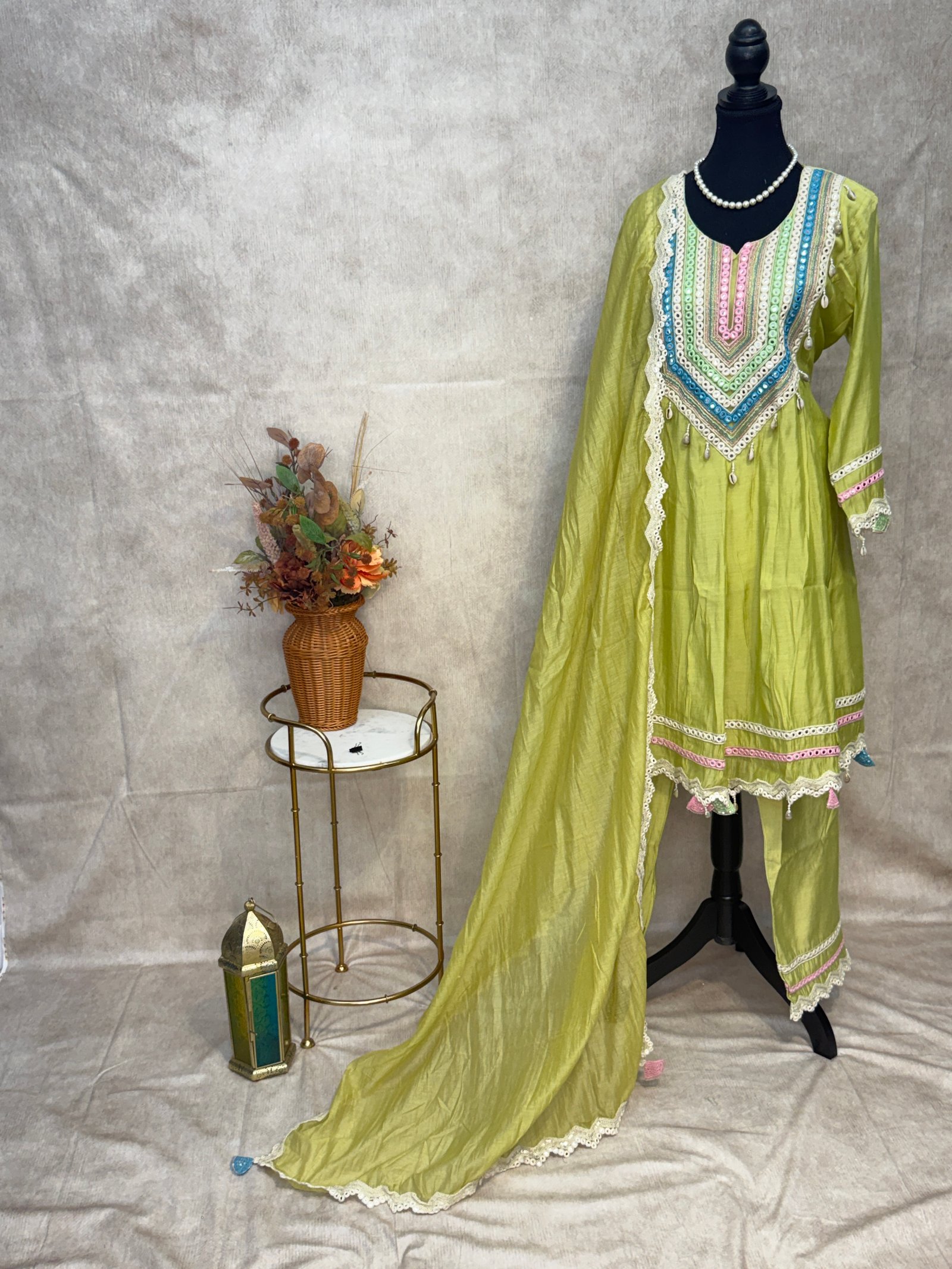 Lime Green Anarkali Suit with Multicolour Lace Detailing